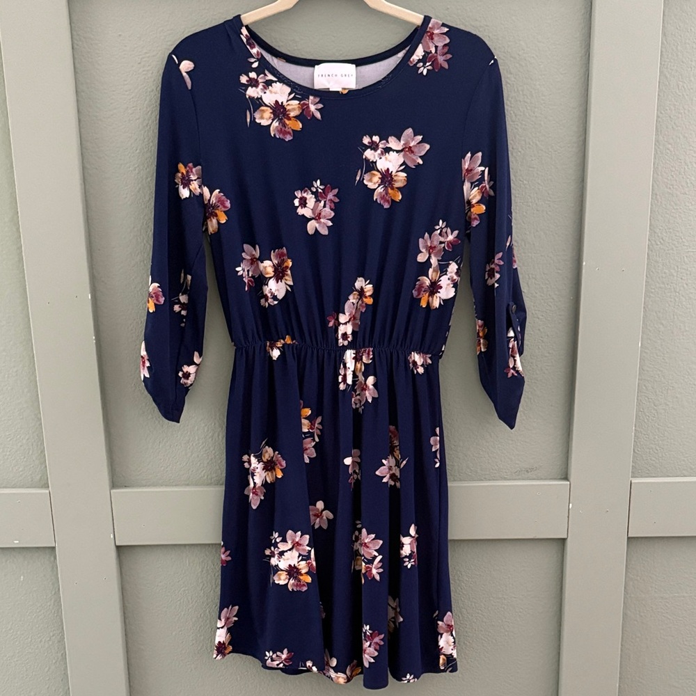 French Grey Floral Navy Dress - Medium